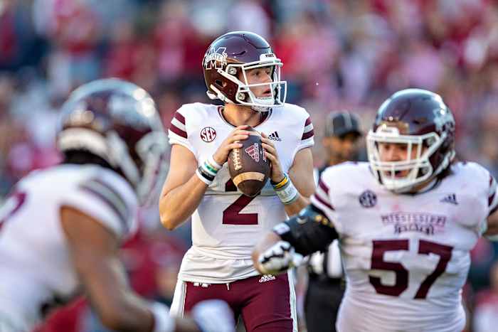 FAYETTEVILLE, ARKANSAS - NOVEMBER 06: Will Rogers #2 of the Mississippi State Bulldogs drops back to pass in the second half of a game against the Arkansas Razorbacks at Donald W. Reynolds Razorback Stadium on November 06, 2021 in Fayetteville, Arkansas. The Razorbacks defeated the Bulldogs 31-28. (Photo by Wesley Hitt/Getty Images)